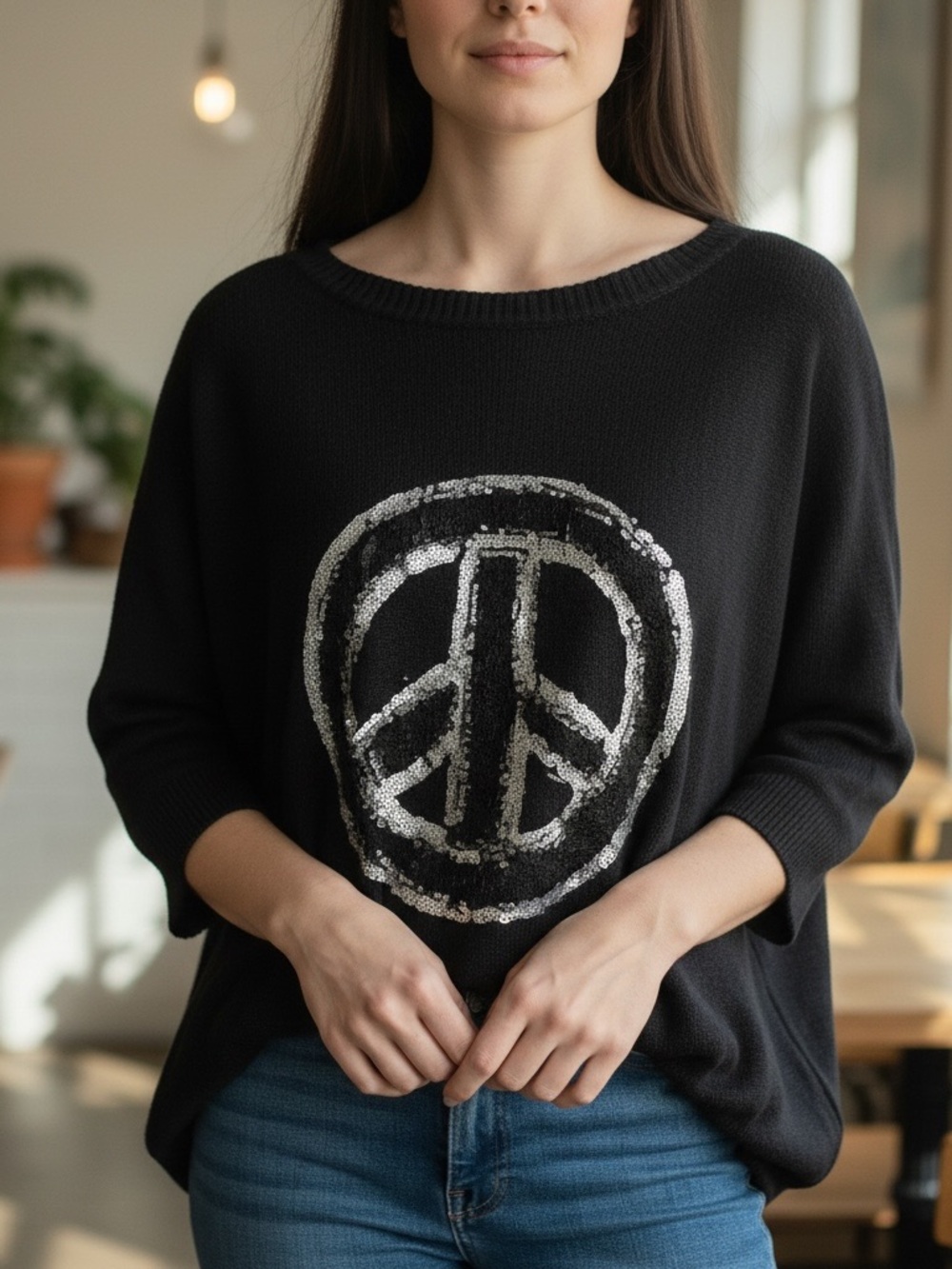 Brand Bazar Paris Slouchy Peace Sign Knit Sweater Raw Edge M/L